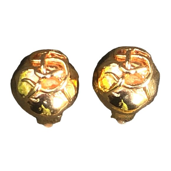 Sonia Rykiel Paris Vintage Gold Tone Domed Logo Clip Earrings Designer - Picture 1 of 5
